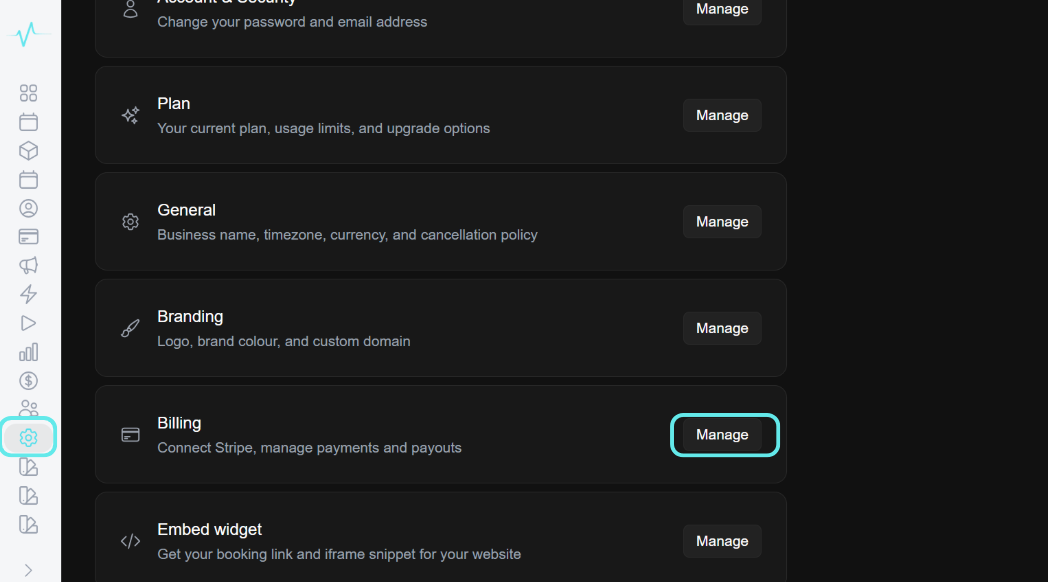 Settings → Billing showing the Connect Stripe Account button